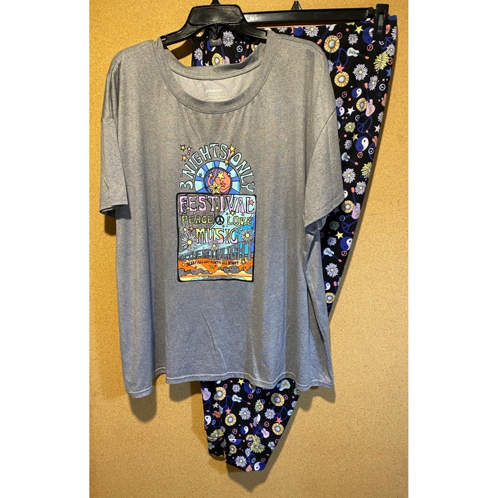 Joyspun Womens 3X Pajama Set Gray Festival Graphic Top & Peace Print Joggers